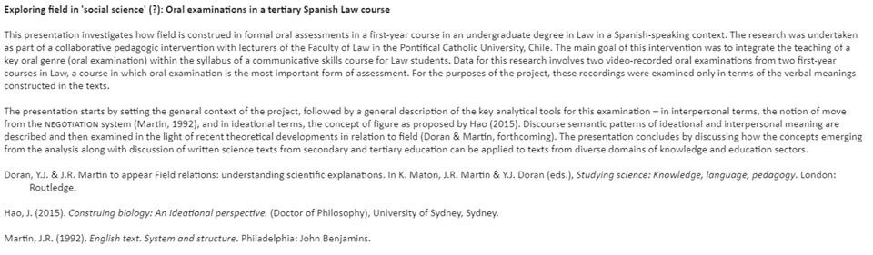 SLaM_Network's tweet photo. This Friday seminar May 17(4-5:30pm) will be by Margarita Vidal Lizama, from the Pontifical Catholic University, Chile &amp; a lecturer in Linguistics at the University of Sydney. Her talk is "Exploring field in 'social science'(?):Oral examinations in a tertiary Spanish Law course". https://t.co/Tzf5D5Pbux