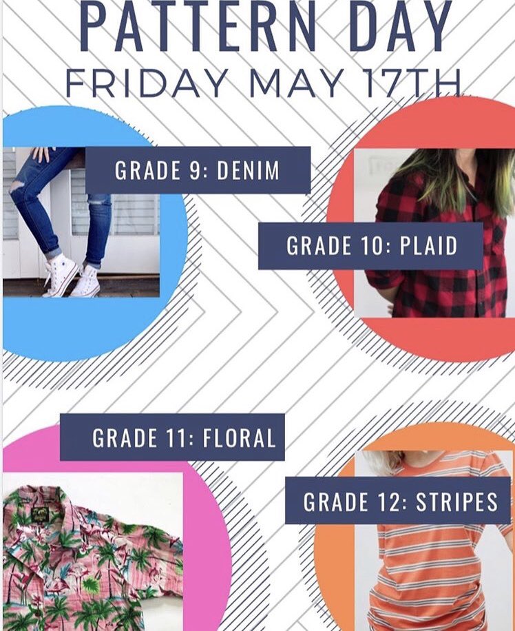 Huskies, this Friday is Pattern Day! Grade 9’s are denim👖, 10’s are plaid🖤❤️, 11’s are floral 🌺, and 12’s are stripes🌈! Wear your patterns and represent your grade!