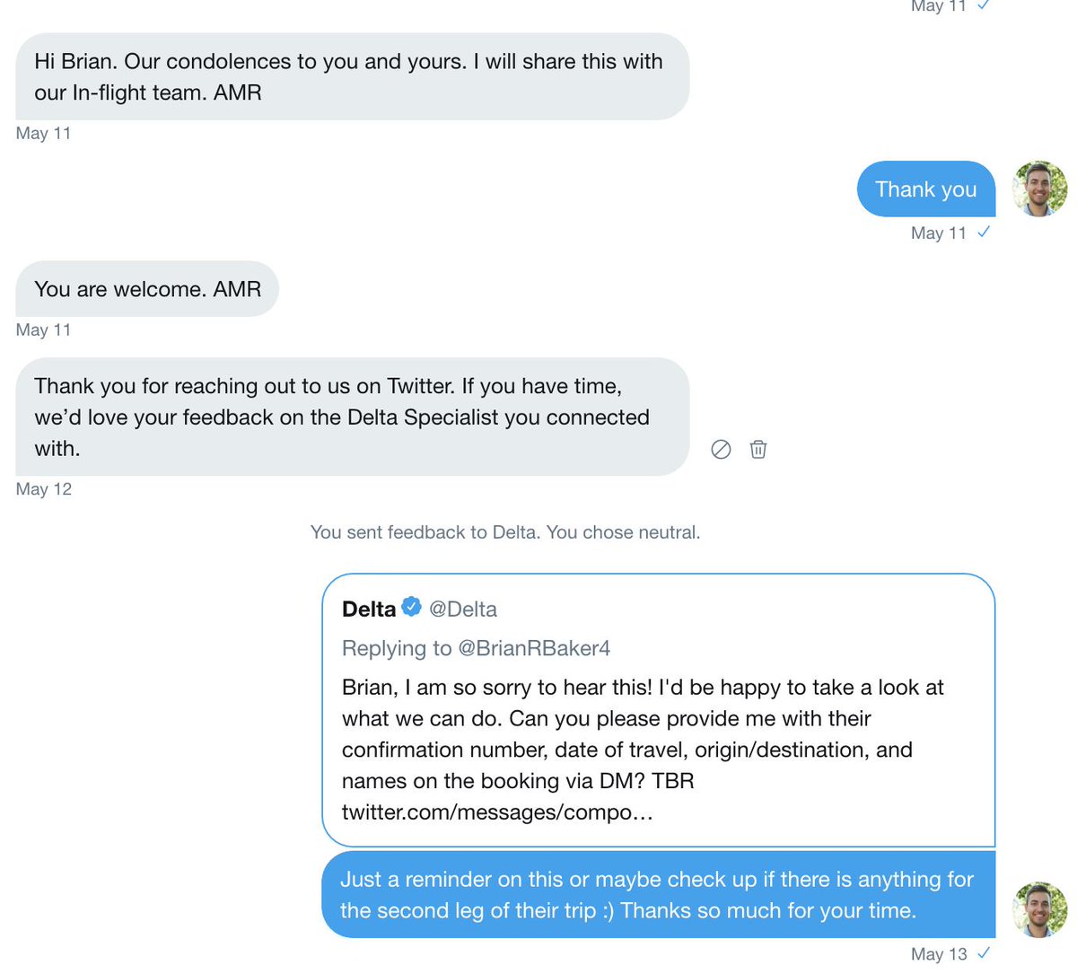 BrianRBaker4's tweet photo. @Delta Re-read your DMs. I replied on the 13th. How dare you try to claim I am the one who didn't get back to you. https://t.co/SOl635Mwd2