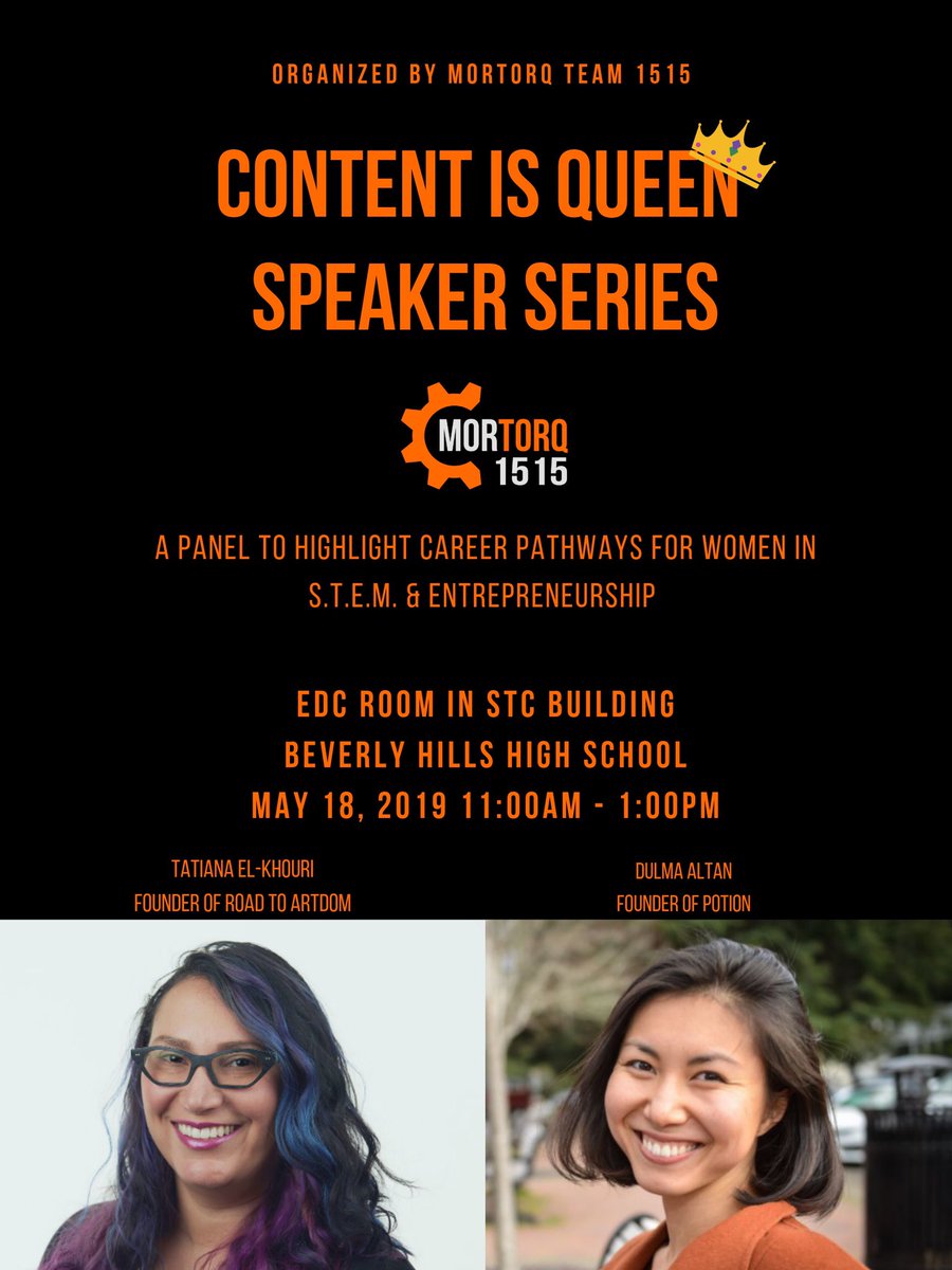 Join us for our next “Content is Queen” panel this Saturday 5/18/19 where you’ll hear from amazing women who have pursued careers in STEM and entrepreneurship:  @dulmaaltan, founder of @potionnaturals and @tatianaelkhouri, founder of @roadtoartdom. #womeninstem #entrepreneurship