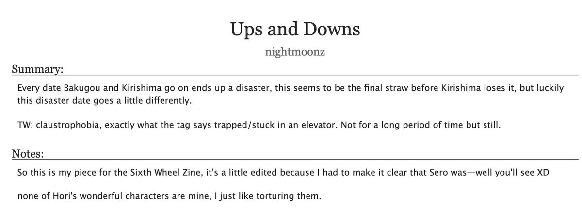 moonwolfhowl's tweet photo. My @SixthWheelZine  piece
Ups and Downs!
https://t.co/KYb5YtmkFN
Tags: Trapped In Elevator (tw for claustrophobia) || Mutual Pining || Love Confessions || Humor || Fluff and Angst || light seroroki || Happy Ending https://t.co/jcrU4MrrmQ