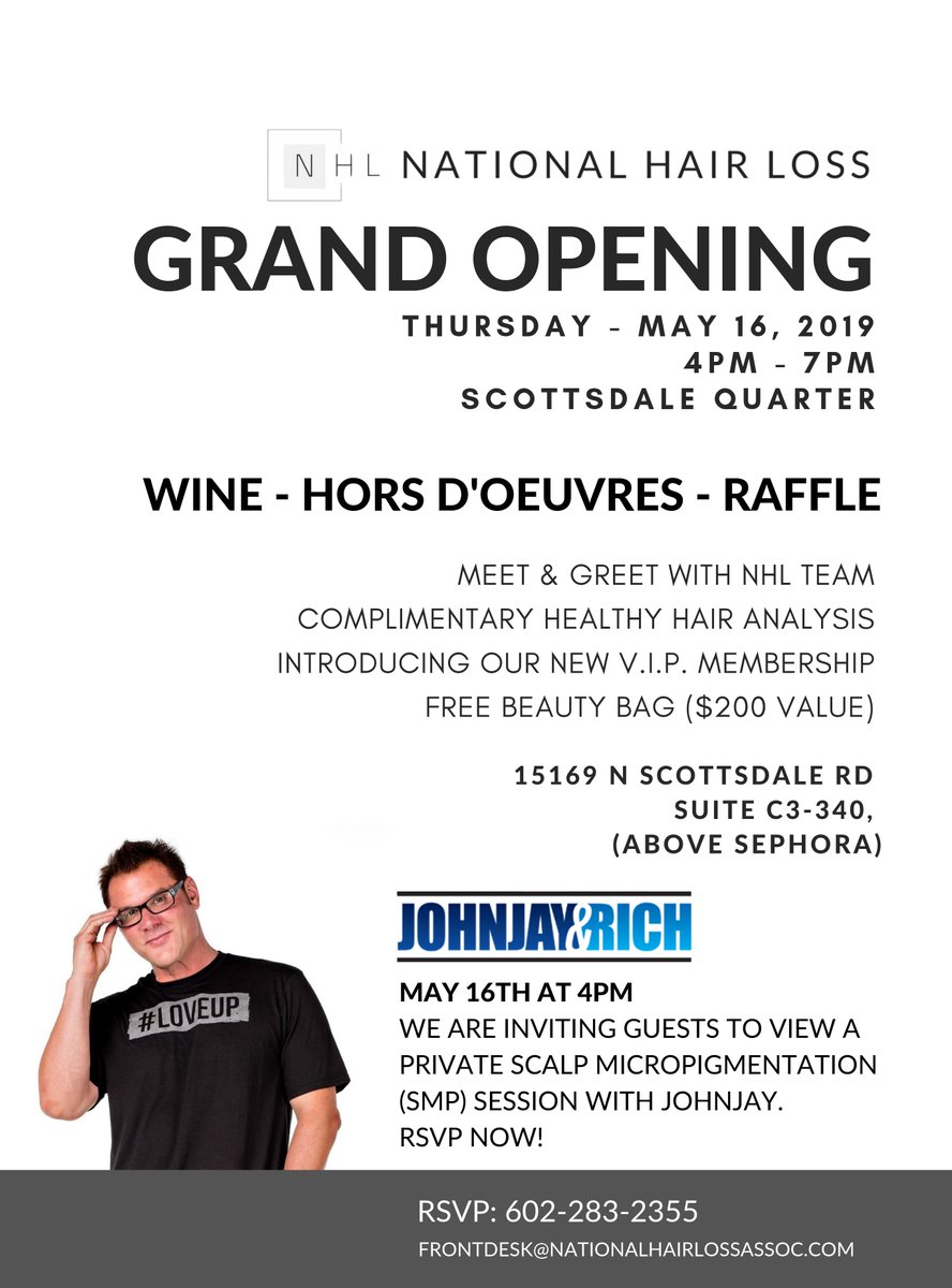 NHL_Hair's tweet photo. Tomorrow 5/16 is our Grand Opening! Come celebrate with us from 4P-7P at the @ScottsdaleQrtr with a live SMP session with @JohnjayVanEs! Raffles, beauty bags, food &amp; drinks! Free valet at @domsteak RSVP 602-283-2355 #Scottsdale #Alopecia https://t.co/bMHAWtJgOT