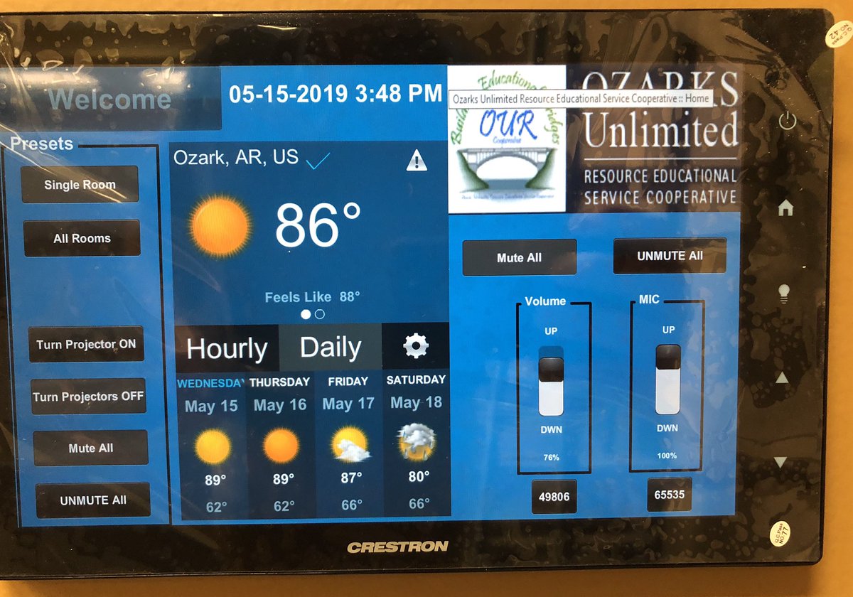 JRobinsonCTS's tweet image. Appreciate Nathan Cline and the opportunity to update OZARK UNLIMITED RESOURCES Crestron control system in their meeting rooms.  Great support from the @Crestron team! Great facility!  @SynergeticsDCS  #CrestronControl