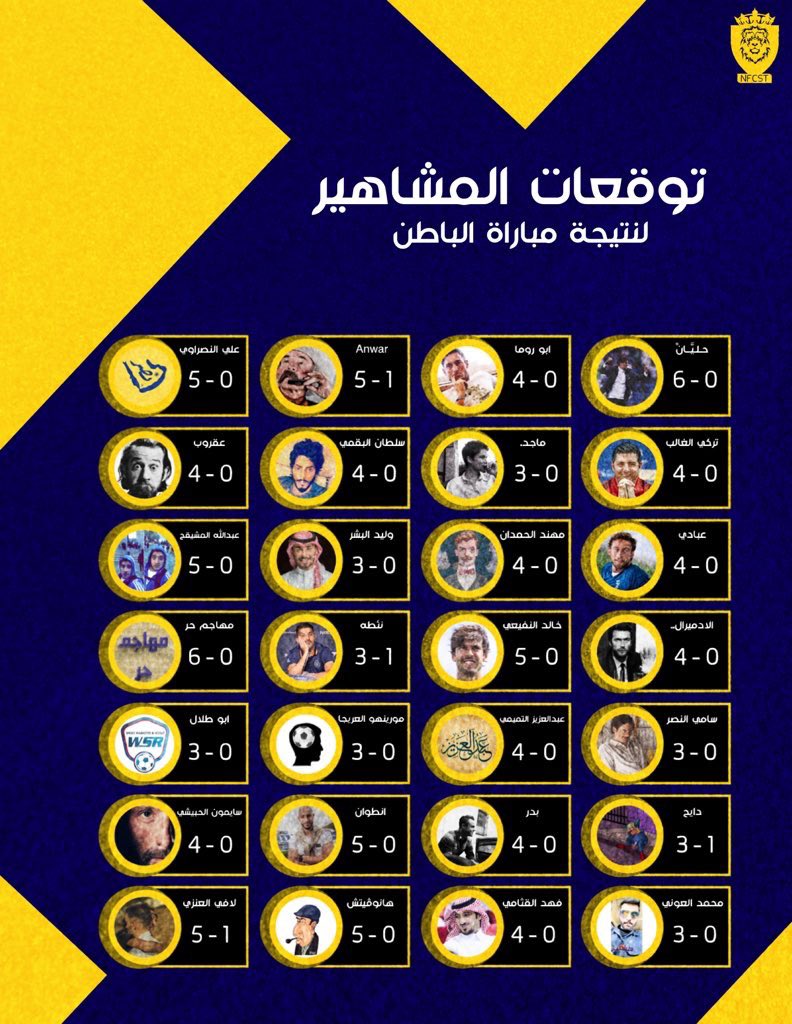 2024111_r's tweet photo. توقعات المشاهير لـ مباراة #النصر_الباطن .
- ما هو توقعك للقاء الحسم؟ https://t.co/SJo1XyMmAa