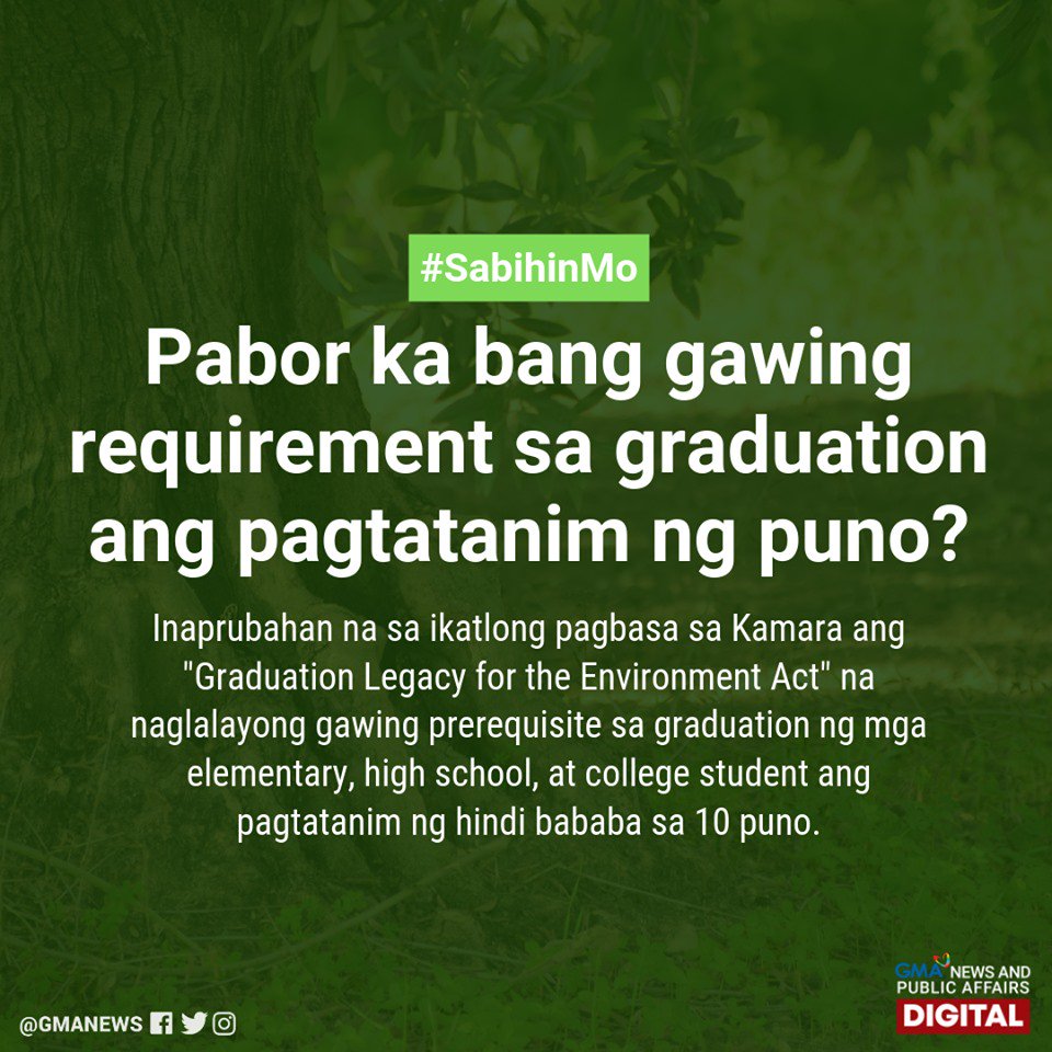 gmanews's tweet photo. Kung magiging ganap na batas ang "Graduation Legacy for the Environment Act," required na ang mga ga-graduate sa elementary, high school, at college na magtanim nang hindi bababa sa 10 puno. Ano ang masasabi n'yo rito? #SabihinMo https://t.co/bjdK9ASb8W
