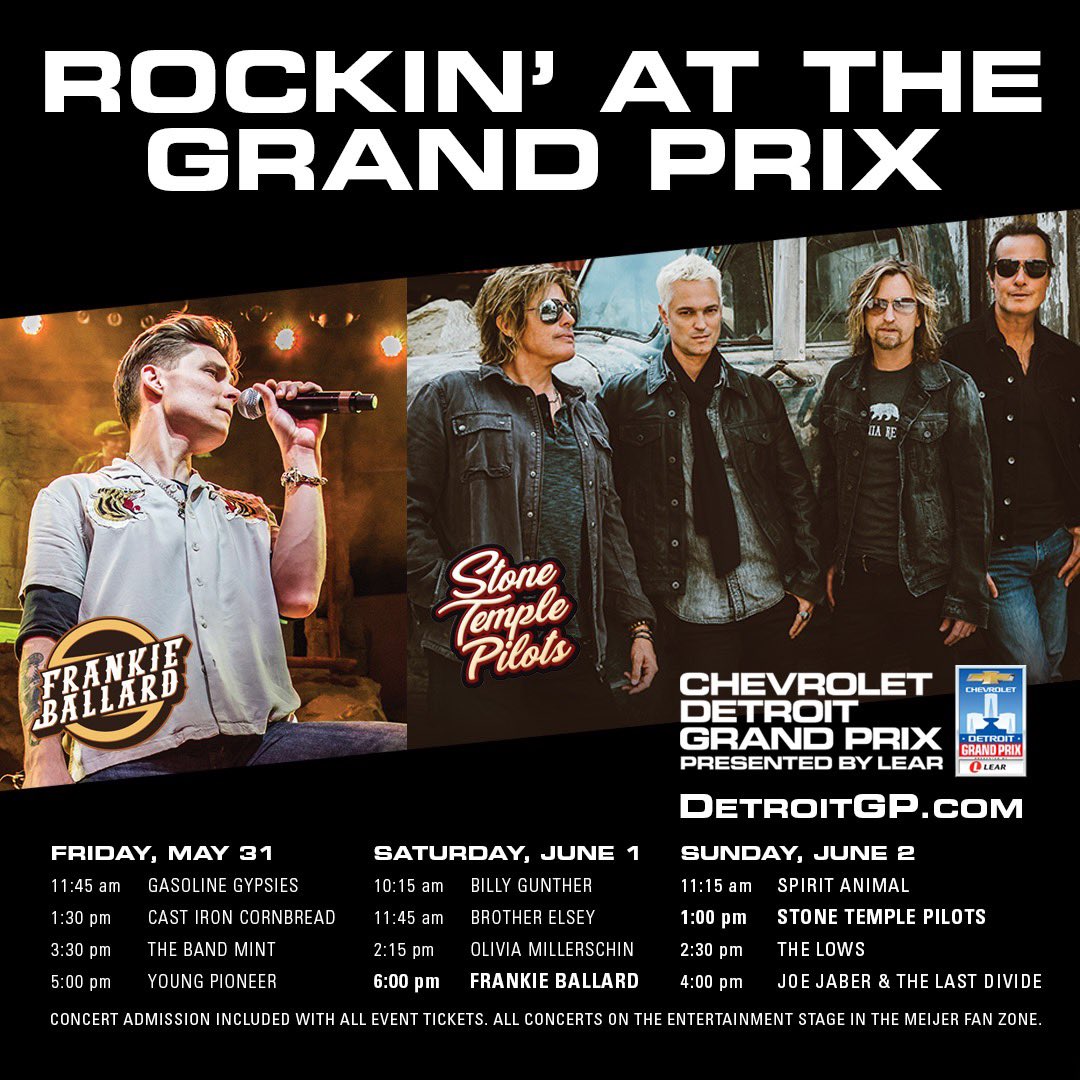 Charvonrenee's tweet photo. It’s official Cast Iron Corbread will be at the 2019 Grand Pix. @DetroitGP  @thecrofoot @fusionshows
 Chevrolet Detroit Grand Prix 
 presented by Lear
FRIDAY, MAY 31
11:45-12:45 Gasoline Gypsies
1:30-2:30 Cast Iron Cornbread
3:30-4:30 The Band Mint
5:00-6:00 Young Pioneer https://t.co/O5eFg94PKf