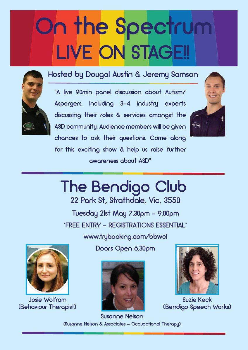 BendigoClub's tweet photo. Free Community Event next Tuesday, 'On the Spectrum' - Live on Stage @BendigoClub A Fantastic night for educators, parents &amp; carers of people on the autism spectrum and family members! #AutismAwareness 
@BendigoEvents @ExploreBendigo @autismvictoria https://t.co/2QXwX42NMJ