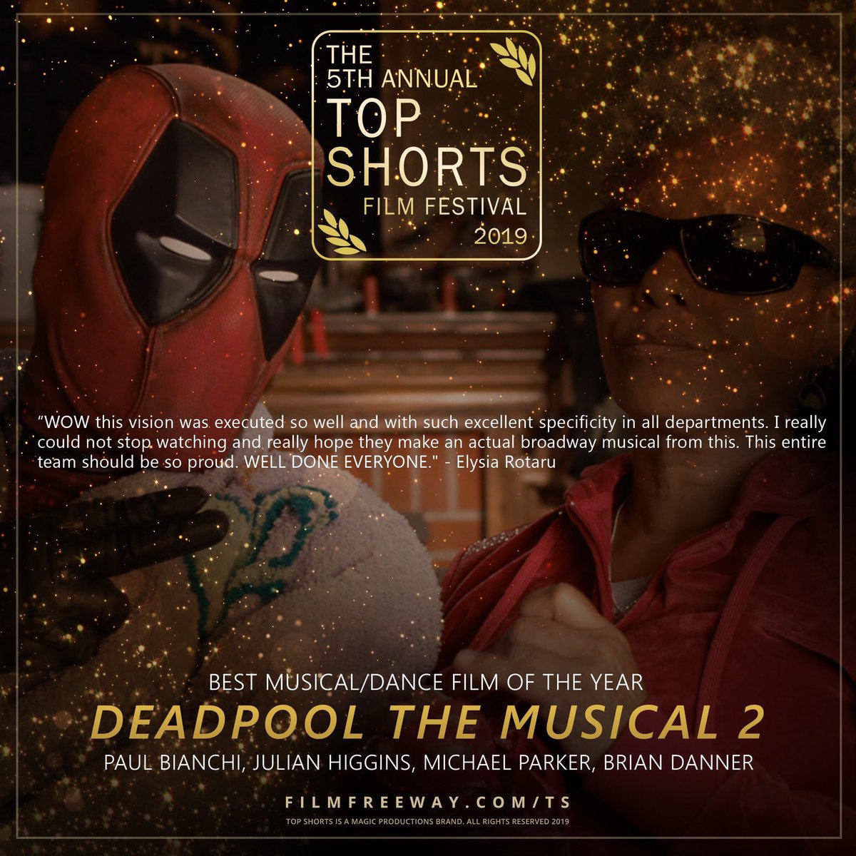 DeadpoolMusical's tweet photo. Well, 👉🏻👌🏻 a 🦆!! Thank you to @TopShorts for awarding us with “BEST OF THE FEST 2019” and “BEST MUSICAL”! On behalf of our entire #DeadpoolMusical2 team, thank you for the love! #topshorts19 #film #filmfestival #shortfilm #indiefilm #filmmaker #movie #deadpool #deadpoolmusical https://t.co/v6tUKDE7UH