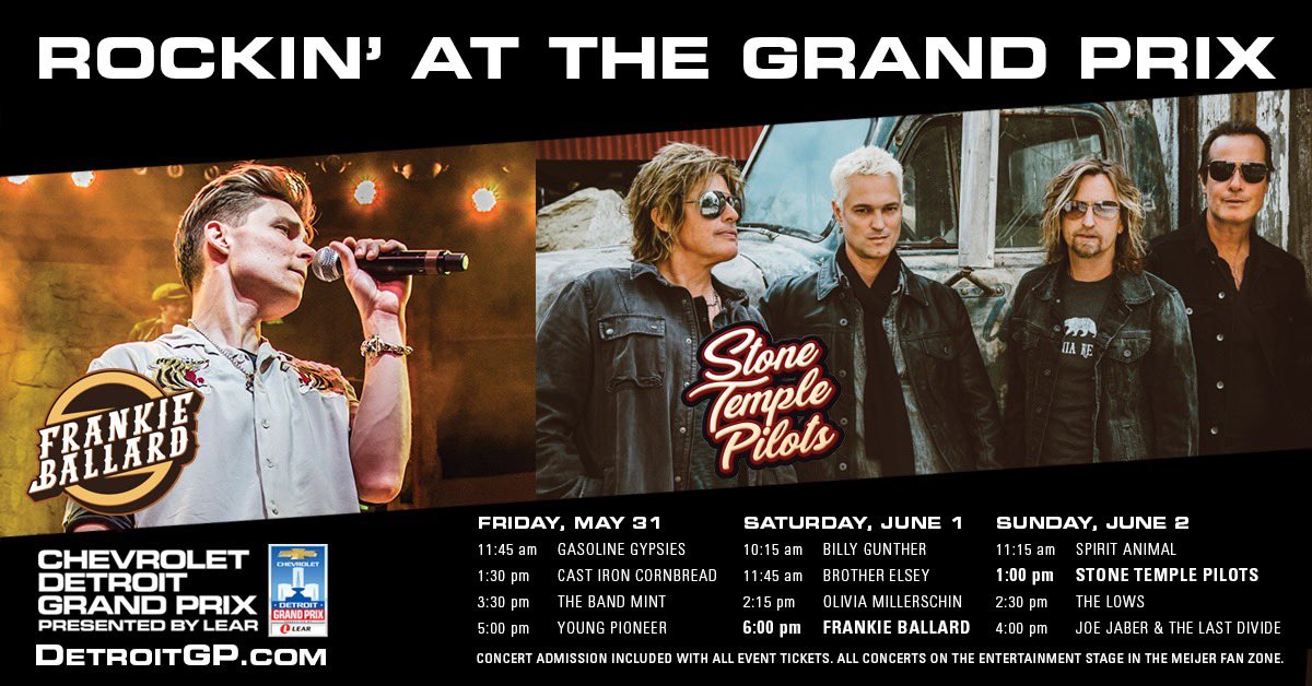castironcorn's tweet photo. It’s official Cast Iron Corbread will be at the 2019 Grand Pix. @DetroitGP  @thecrofoot @fusionshows
 Chevrolet Detroit Grand Prix 
         presented by Lear
FRIDAY, MAY 31
11:45-12:45 Gasoline Gypsies
1:30-2:30 Cast Iron Cornbread
3:30-4:30 The Band Mint
5:00-6:00 Young Pioneer https://t.co/Alm71WILqO