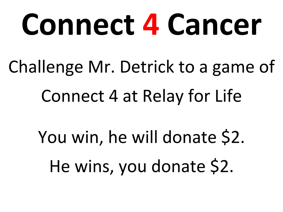 Hey <a href="/WHRHighSchool/">Warren Hills HS</a> -- <a href="/Mr_Detrick/">Daryl Detrick</a> has issued a Connect 4 challenge to attendees at #RelayforLife of Warren Hills this Saturday 5/18!