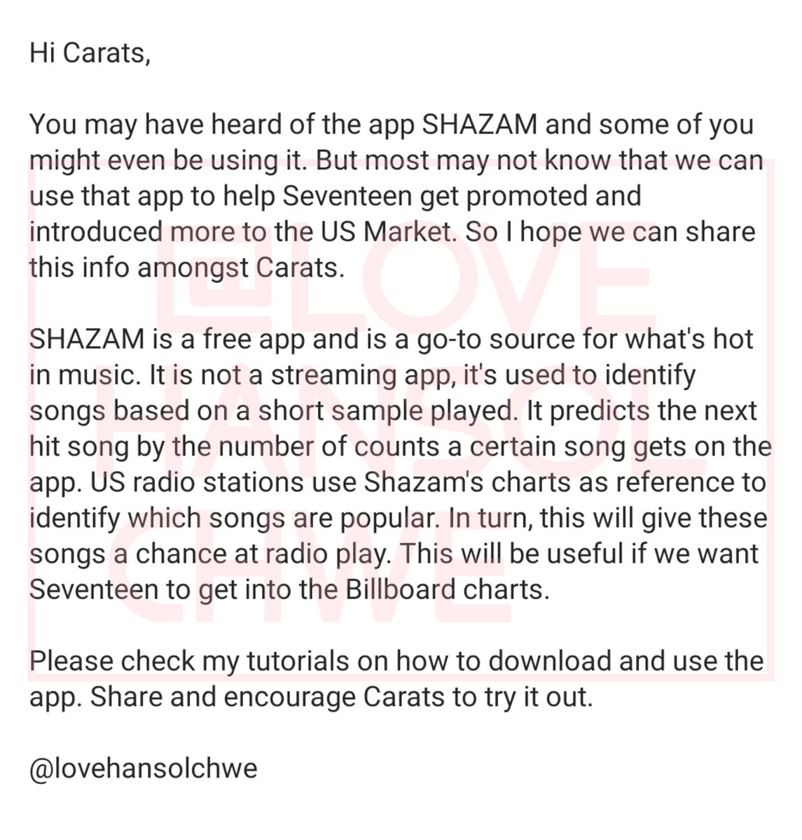 TUTORIAL FOR CARATS[How to use SHAZAM]Please read and encourage Carats to use the app. Follow the steps on this thread. Video tutorials for both Android and iOS will also be posted.It's time for Carats to step up our game! @pledis_17  #SEVENTEEN