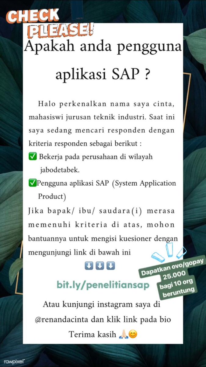 renandacinta's tweet image. [Bantu saya wisuda tahun ini🙏🏻]
Mohon diisi kuesioner saya jika sesuai dengan kriteria di bawah ini⬇️⬇️⬇️
#kuesioner #SAPuser #mahasiswa #perusahaan #jabodetabek #DKIJakarta #depok #bekasi #BOGOR #TANGERANG #PramborsThrowback #KAREPMUCOK