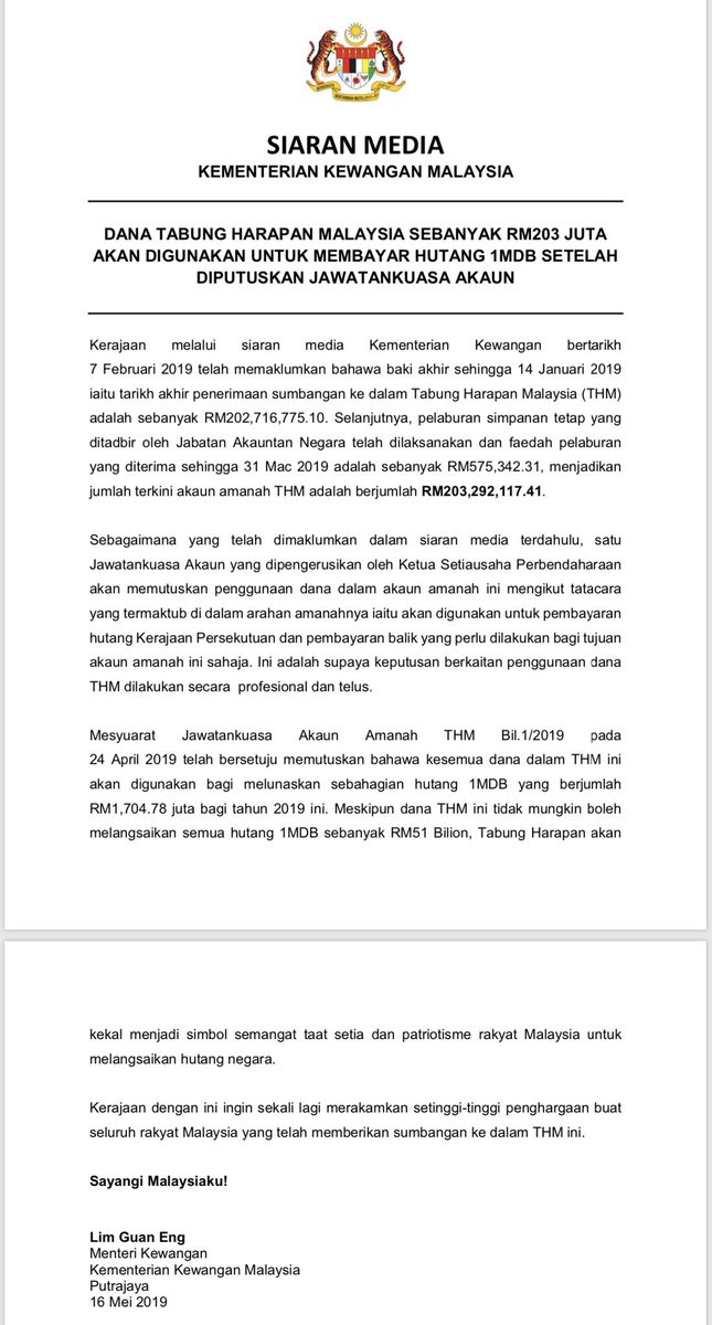 Bernama Terkini Dana Tabung Harapan Malaysia Sebanyak Rm203 Juta Akan Digunakan Untuk Membayar Hutang 1mdb