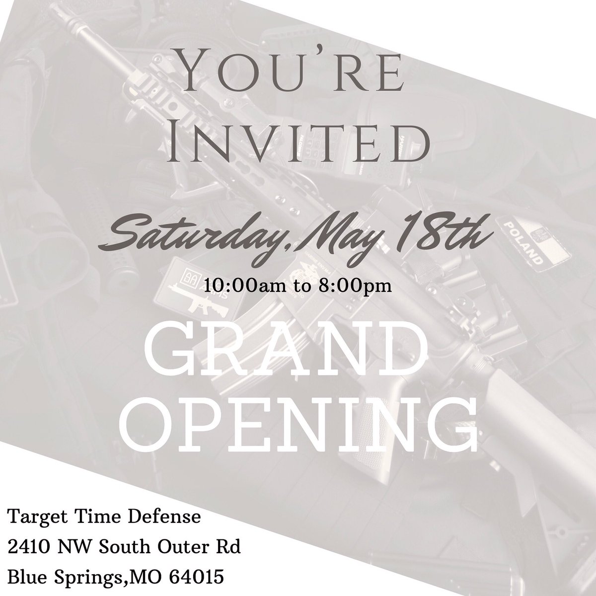 TargetTimeD's tweet image. Our Grand Opening Event will include an AR-15% off sale, red tag sale savings on many items throughout the store, half price machine gun rentals, free swag, give-aways and other fun things!
#bluespringsmo #kansascitymo #shootingrange #gunstore #firearmstraining #grandopening
