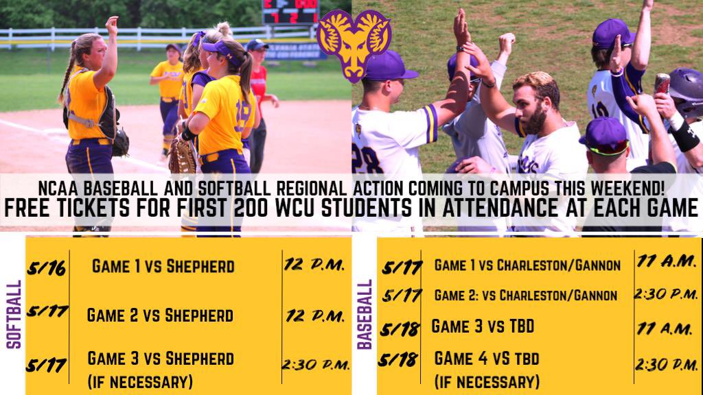 WCUofPA's tweet image. WCU softball and baseball teams host NCAA Tournament games!! Free tickets to the first 200 WCU students: wcupagoldenrams.com/news/2019/5/14… #RamsUp #goldenrams