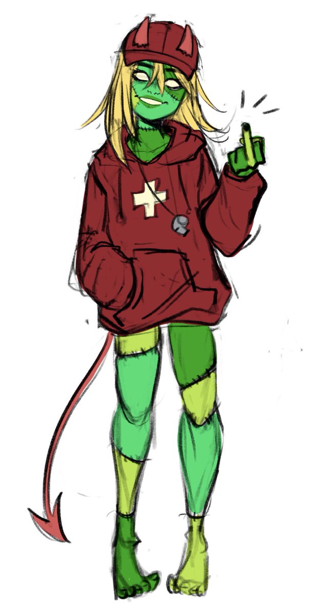 here's a new girl i posted on my side acc
she's a frankenstein-y monster who works as a lifeguard but kills more people than she saves