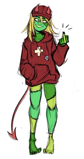 here's a new girl i posted on my side acc
she's a frankenstein-y monster who works as a lifeguard but kills more people than she saves 