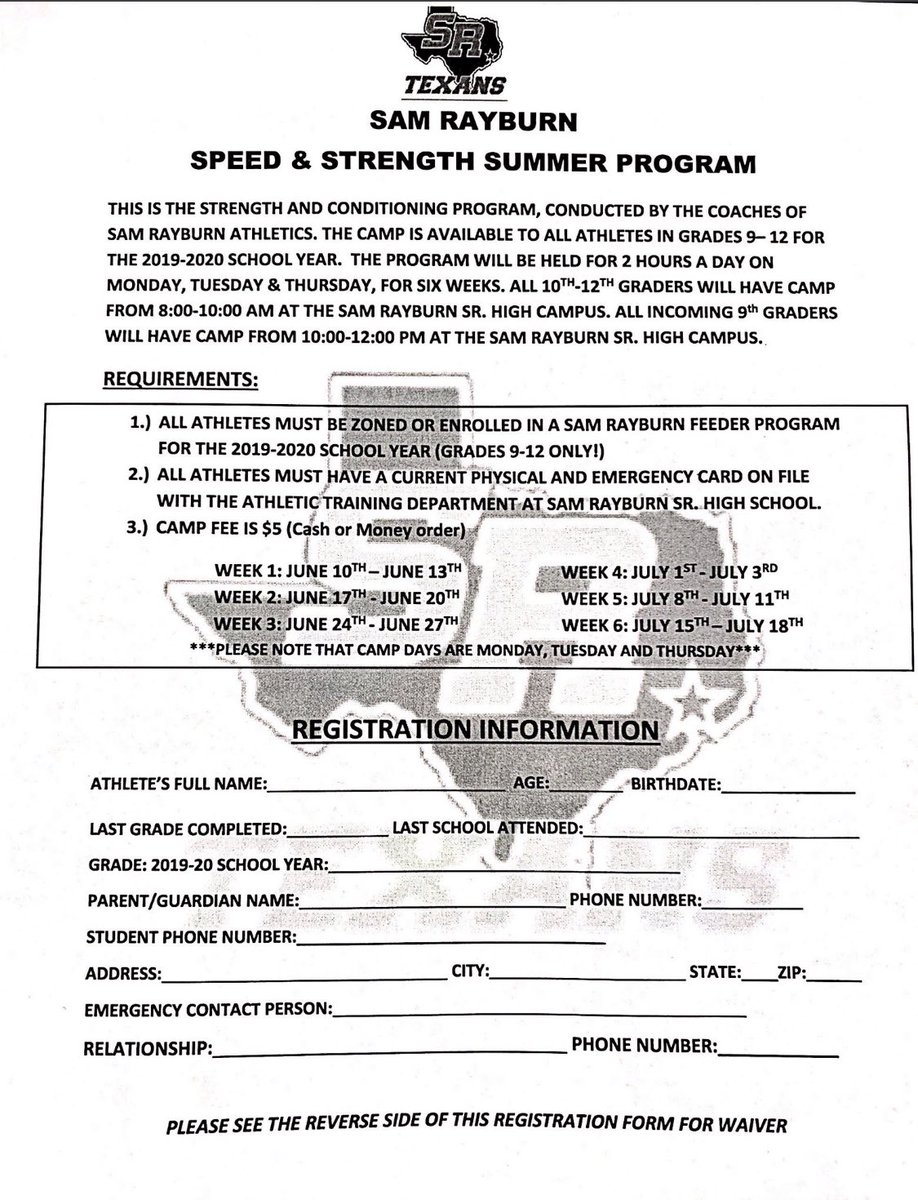 SamRayburnFB's tweet photo. Reminder....make sure you pick up your Speed and Strength forms in the coaches’ office!! Let’s get better this summer!! #Rayburnstrong #TEXANPRIDE #rt https://t.co/Qf6I0mCxMy