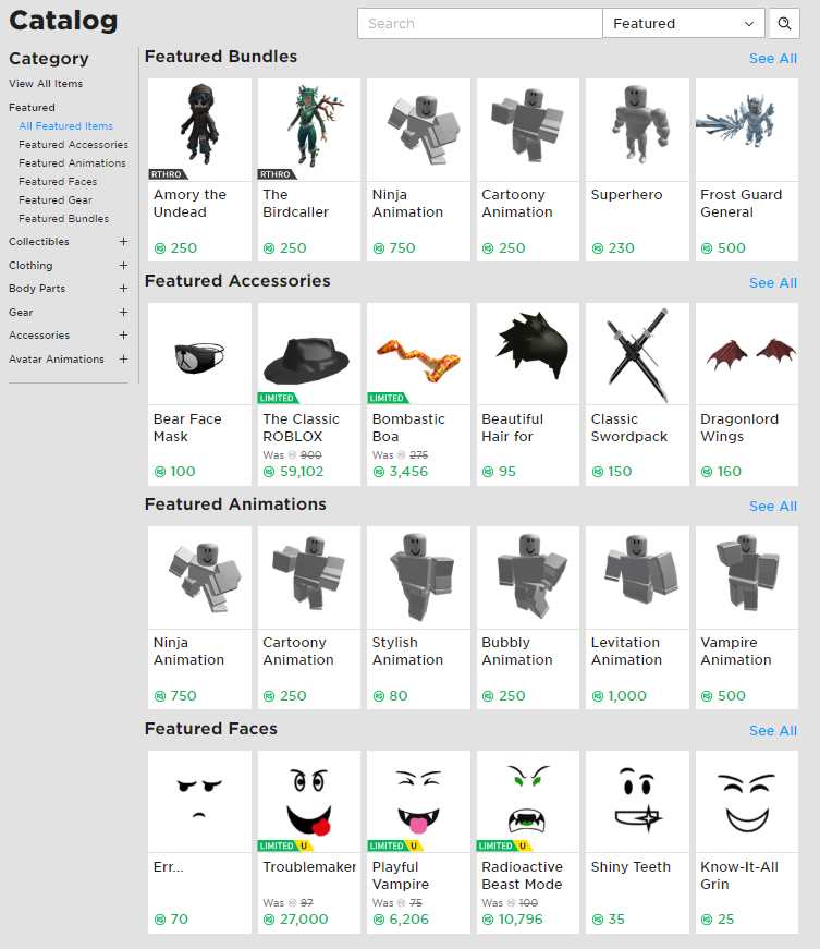 Bloxy News On Twitter Bloxynews The Roblox Catalog Has Been Separated Into Featured Rows Of Different Items Currently There Is Only Bundles Accessories Animations And Faces Https T Co Xa6gpcnv56 - roblox catalog com