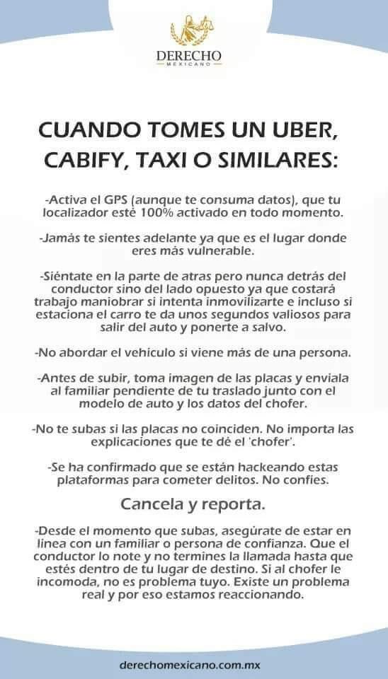 Tome nota si usted va a requerir servicio de taxis o <a href="/Uber_MEX/">Uber Mexico</a> 😀 Satélite Alerta