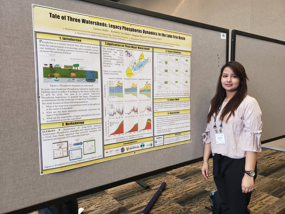 LamisaMalik's tweet image. Excited to present my first research poster in #GWFASM on legacy Phosphorus  dynamics of Lake Erie watersheds #BasuLab #LakeFutures