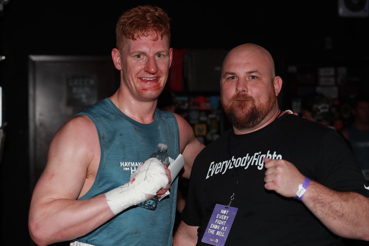 Crandon LEAHY shown with his trainer after the Haymakers for Hope charitable boxing match at the House of Blues. He WON on a TKO! He has formally retired from boxing!