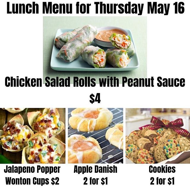 Thursday’s Lunch Menu:
Chicken Salad Rolls with Peanut Sauce $4
Jalapeño Popper Wonton Cups $2
Cookies 2 for $1
Apple Danish 2 for $1
⭐️Food Service for Thurs will be at the door of the foods lab because pictures are in the MPR⭐️
#amsfoodservice9 #iamaja… bit.ly/2WM601D