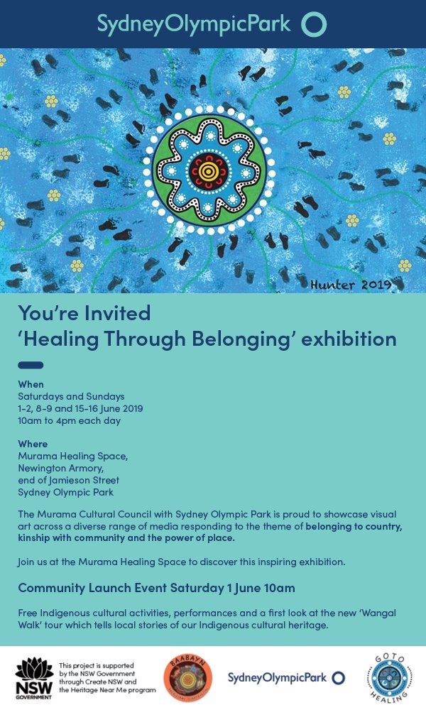 'Healing Through Belonging' exhibition <a href="/sydolympicpark/">Sydney Olympic Park</a> . Special kick off event 10am Saturday 1st June. Community are our VIPs so all welcome. Share madly. <a href="/BenNewsome_/">Ben Newsome</a>  <a href="/holkershaw/">Holly Kershaw</a> <a href="/MRsalakas/">Brett Salakas</a> <a href="/inspiringaus/">Inspiring Australia – National Networks</a> <a href="/AustMusEdu/">Australian Museum Education</a> <a href="/WSROC_Australia/">Western Sydney ROC</a> <a href="/koorimailnews/">Koori Mail</a> <a href="/parracity/">City of Parramatta</a> <a href="/CanadaBay/">City of Canada Bay</a>