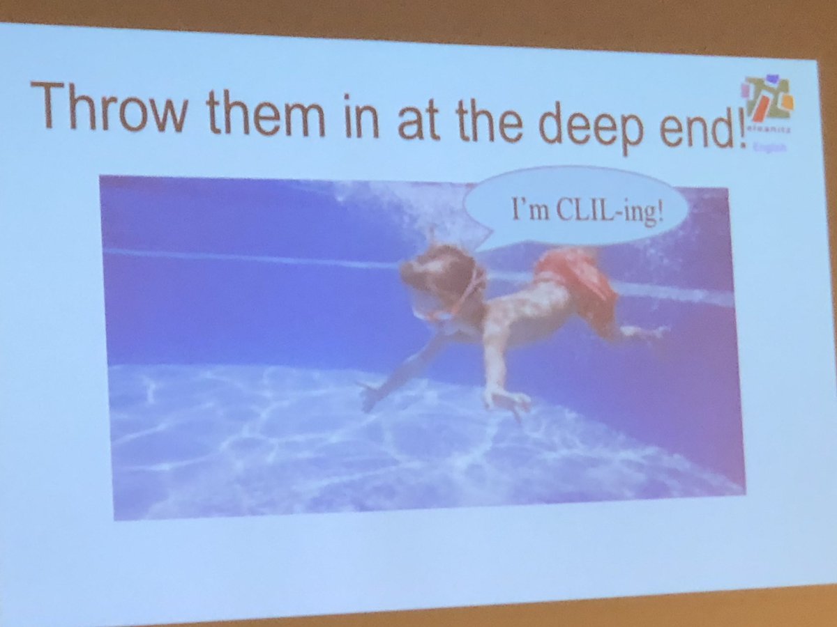 iamamyjaye's tweet photo. The “swimming” metaphor for language learning.  Phil Ball stresses that the swimmies are a crutch and unhelpful.  You have to “chuck him in the deep end.” #iafor #acll2019 #MolloyEdD https://t.co/5snfq044bN