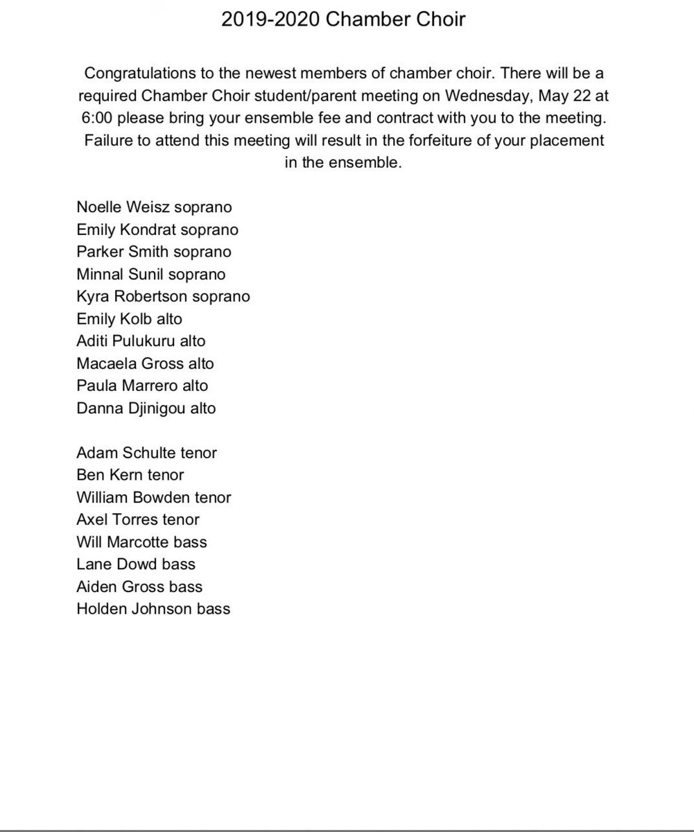 Congratulations to next years Chamber Singers! thank you to everyone who came out and auditioned! Make sure you come to the meeting on the 22nd at 6:00 pm!