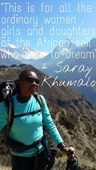 Bazalwane, today we celebrate #SarayKhumalo. Saray Khumalo is the first African woman who has conquered Mount Everest. Go out and make history African child. You can achieve anything!