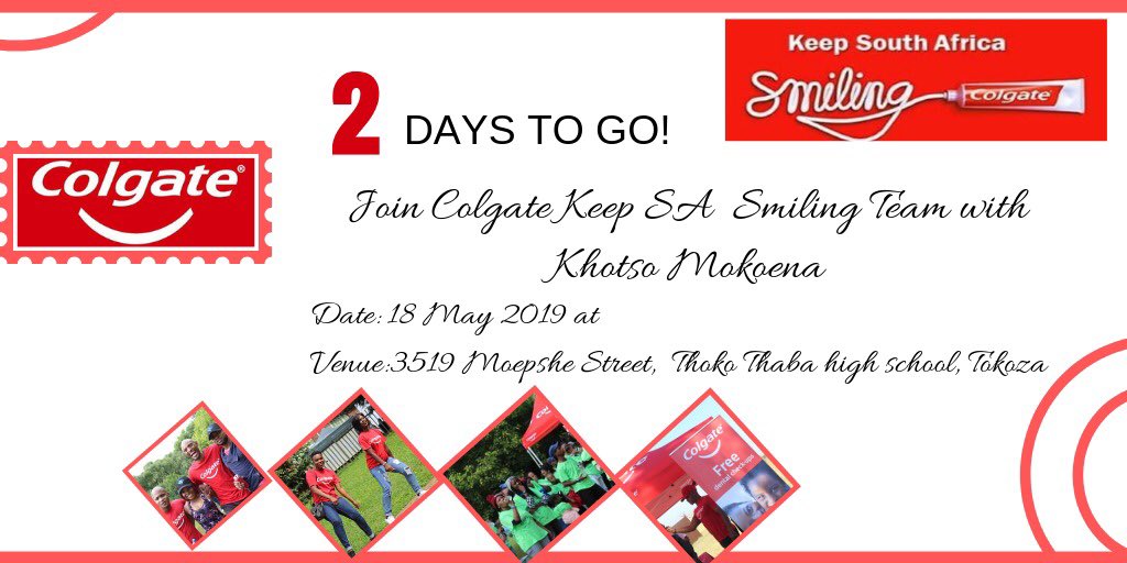 Roadvertiseads's tweet photo. 2 days to go! Join Colgate Keep SA Smiling team with @mokoenainspires 18th May at 3519 Moepshe street, Thoko high school Tokoza, South Africa for educational activities, free dental screening, children under the age of 18 should be accompanied by their parents.
#keepSAsmiling https://t.co/jt3wmBgkOw