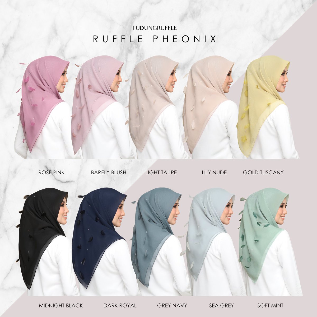 RUFFLEPHOENIX
Di buat dengan bawal jepun yang lembut dan mudah dibentuk. Material yang sejuk sesuai dipakai dalam apa jua situasi. Sentuhan swarovski dan faux swan feather pasti menambahkan keserian anda pada hari lebaran nanti. Dapatkan sekarang di tudungruffle.com