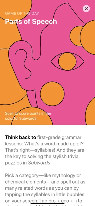 Screenshot of the AppStore story „Parts of Speech: Spell to score points in the colorful Subwords.“
