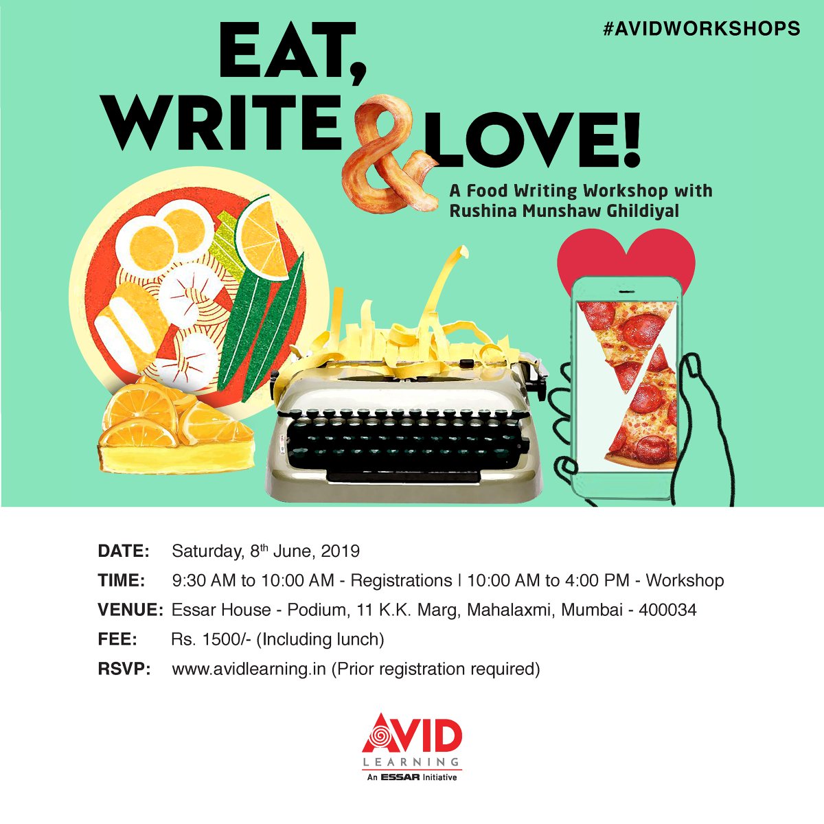 AvidLearning's tweet photo. Are you an aspiring food writer or blogger? Join us for Eat, Write, Love!: A Food Writing Workshop conducted by Author, Columnist, Food Historian &amp; Founder of APB Cook Studio @RushinaMG on Sat 8th June.

Register here: https://t.co/vDZa1UBkAR

#LearningNeverStops #AvidWorkshops https://t.co/HJNS0hG0hb