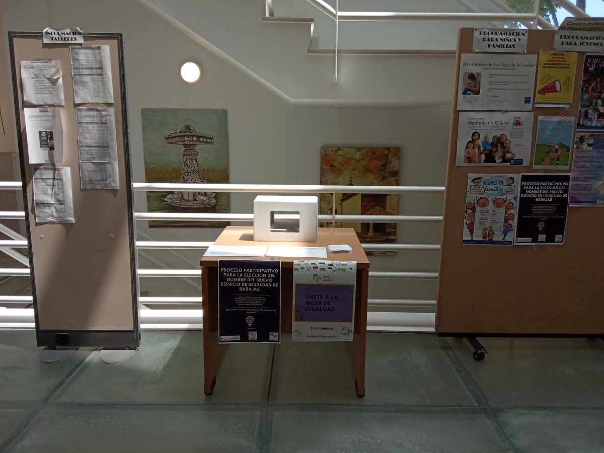 La #MesadeIgualdad de <a href="/ForosLocales/">Foros Locales de Madrid</a> <a href="/JMDBarajas/">JMD Barajas</a> ha puesto en marcha un proceso participativo para elegir el nombre del Espacio de Igualdad distrital. Puedes votar en los centros culturales Villa de Barajas, Gloria Fuertes y Teresa de Calcuta.