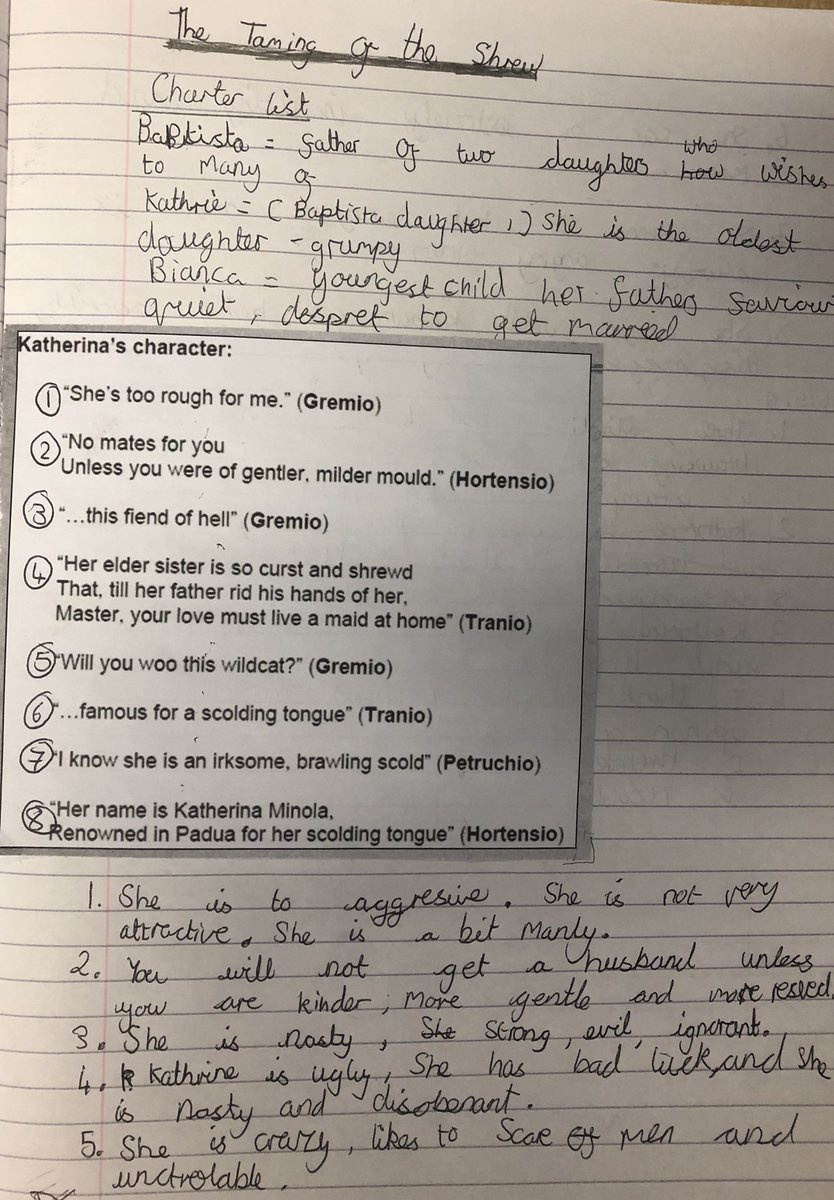 SutcliffeMiss's tweet photo. This week Y7 have been studying Shakespeare’s Taming of the Shrew. We have explored the role of women in the Elizabethan era, discussed what the perfect spouse looks like, translated some of the text to modern English AND analysed Katherine’s character! @BBGAcademy @BBGAcademyTL https://t.co/kimSK6SkJJ