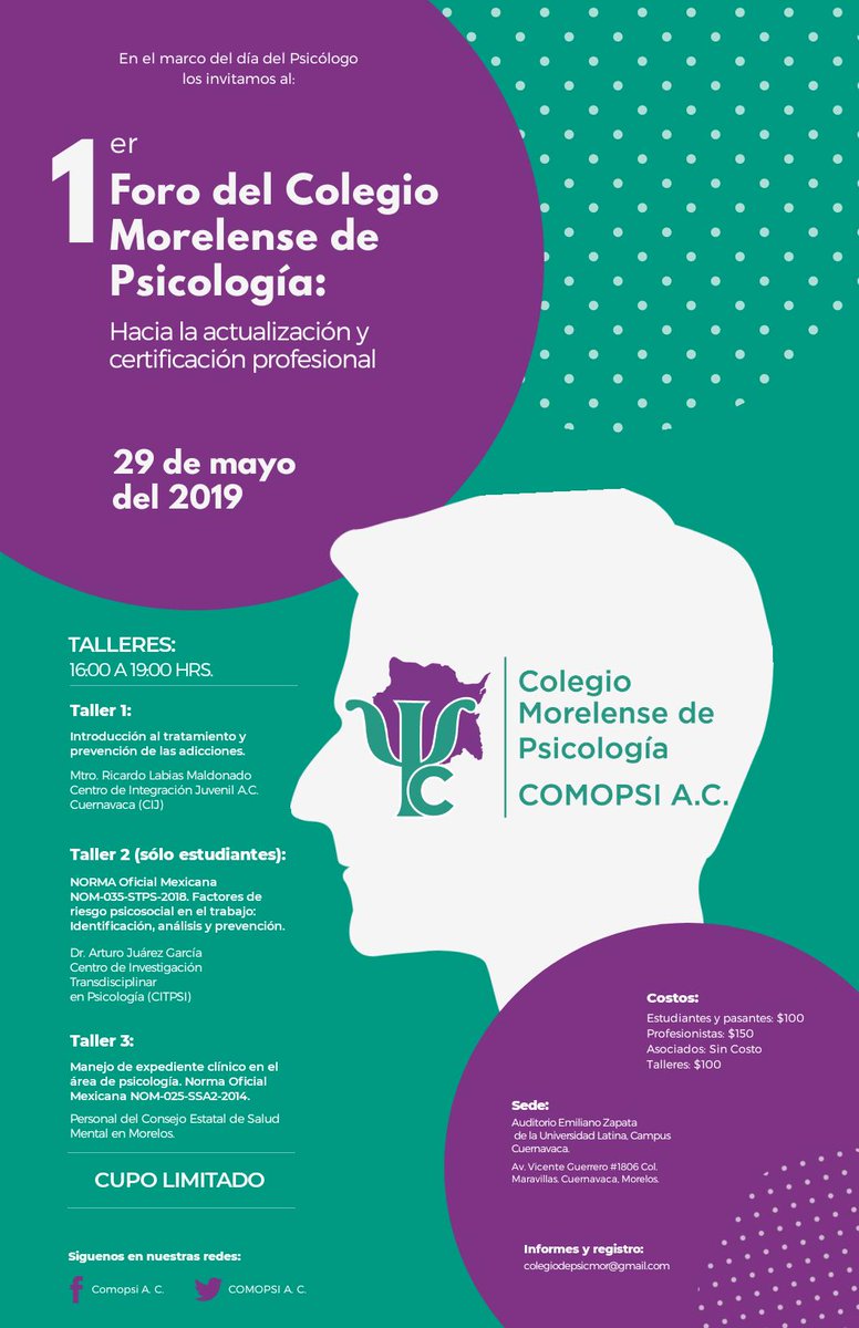 comopsiac's tweet photo. Acompáñanos a conocer la importancia de la colegiación, acreditación y actualización de la Psicología en Morelos.  

Mayores informes y registro
colegiodepsicmor@gmail.com
#Morelos #Cuernacava #Psicologia https://t.co/pYzYD51TN5 https://t.co/PfauOFKGvC