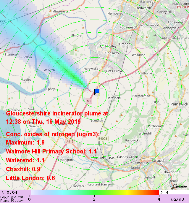 plumeplotter's tweet photo. Latest Gloucestershire incinerator plume plot, 12:38 16/05/19 #Waterend #Chaxhill #LittleLondon https://t.co/6Vrw8OIv6t https://t.co/zvnWwC7Bkb