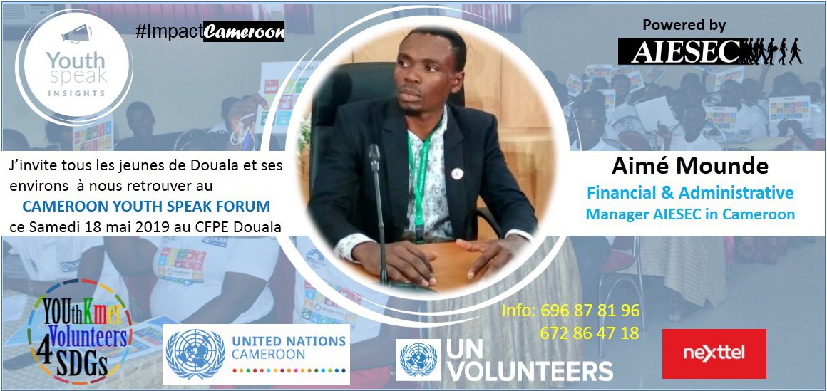 YV4SDGs's tweet photo. Join them at the Cameroon Youth Speak Forum on Saturday May 18th, 2019 at the CFPE of Douala whit @YV4SDGs , @UN_Cameroon and @VNUCameroun 
#KmerYouthSpeak
#SDGs
#yv4sdgs https://t.co/D2KbeOhx9Z