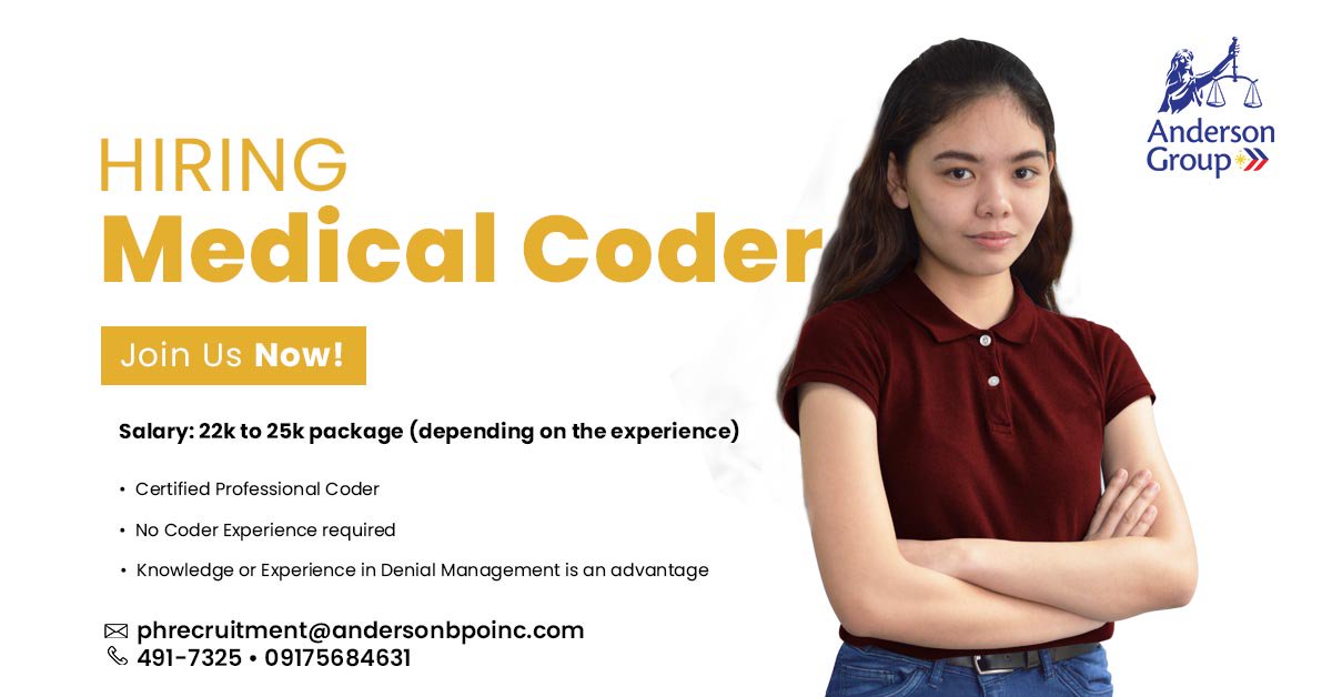 AndersonGroupPH's tweet image. #hiring #medicalcoder
•#CertifiedProfessionalCoder
•No #CoderExperience needed
•Knowledge/Experience in #DenialManagement
Salary: 22K to 25K
#Graveyardshift
phrecruitment@andersonbpoinc.com
11/F Wynsum Corporate Plaza, F Ortigas Jr St, #OrtigasCenter, #Pasig @ 11AM to 5PM