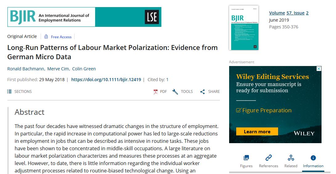 RWI_Leibniz_en's tweet image. A new study by @RWI_Leibniz_en&apos;s @Ronald_Bachmann shows for #Germany that due to #technologicalchange routine task work is associated with reduced #jobstability &amp;amp; an increased likelihood for periods of #unemployment. Now published in BJIR (open access): bit.ly/2HwQ0dt