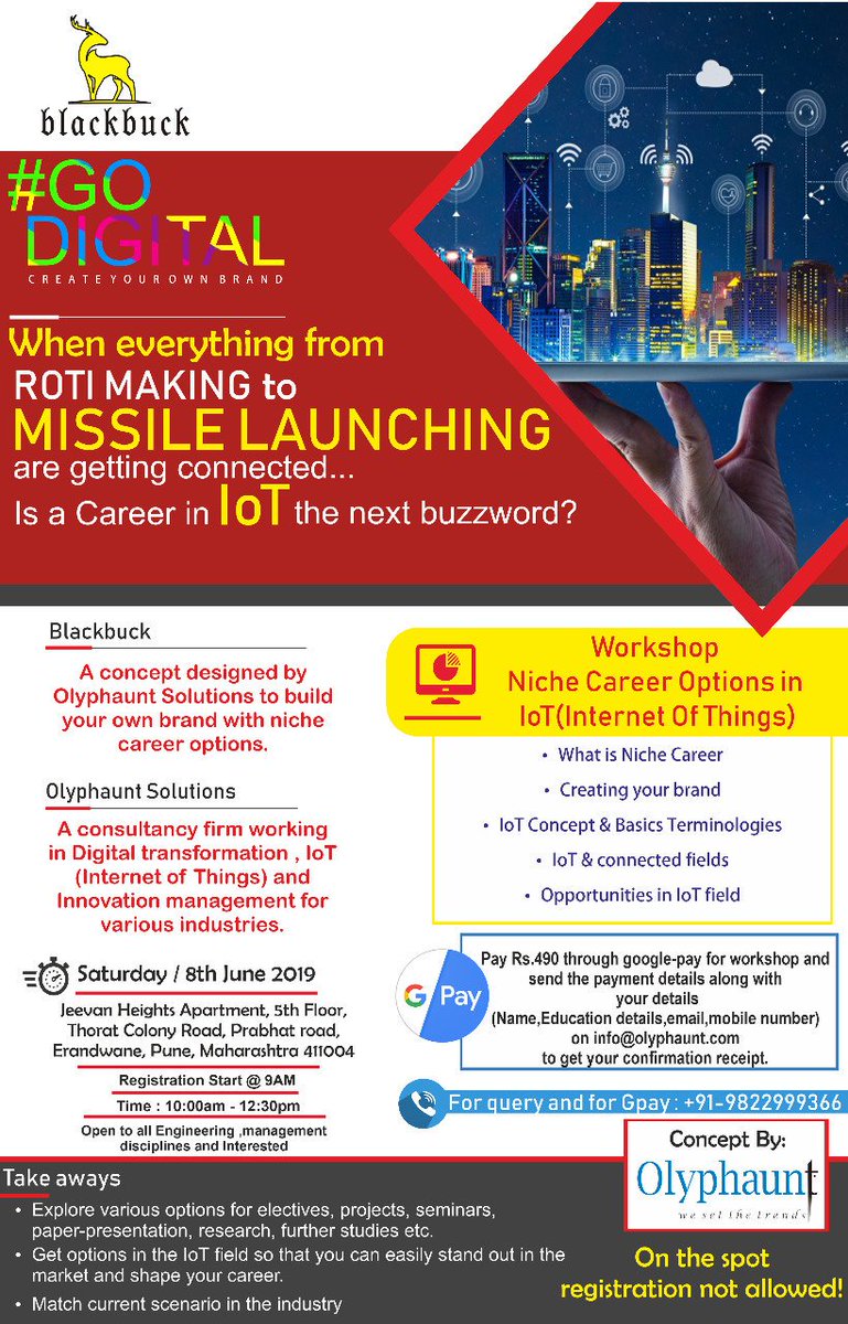 anushkashembekr's tweet image. Filling fast... Blackbuck - Explore the concepts and various career options in IoT world...
A quick overview... Don&apos;t miss the opportunity..REGISTER TODAY...
#IoT #IoTCommunity #IoTWorkshop #Opportunities #careeradvice #careerandbusiness #IoTproduct #Industry40 #InternetOfThings