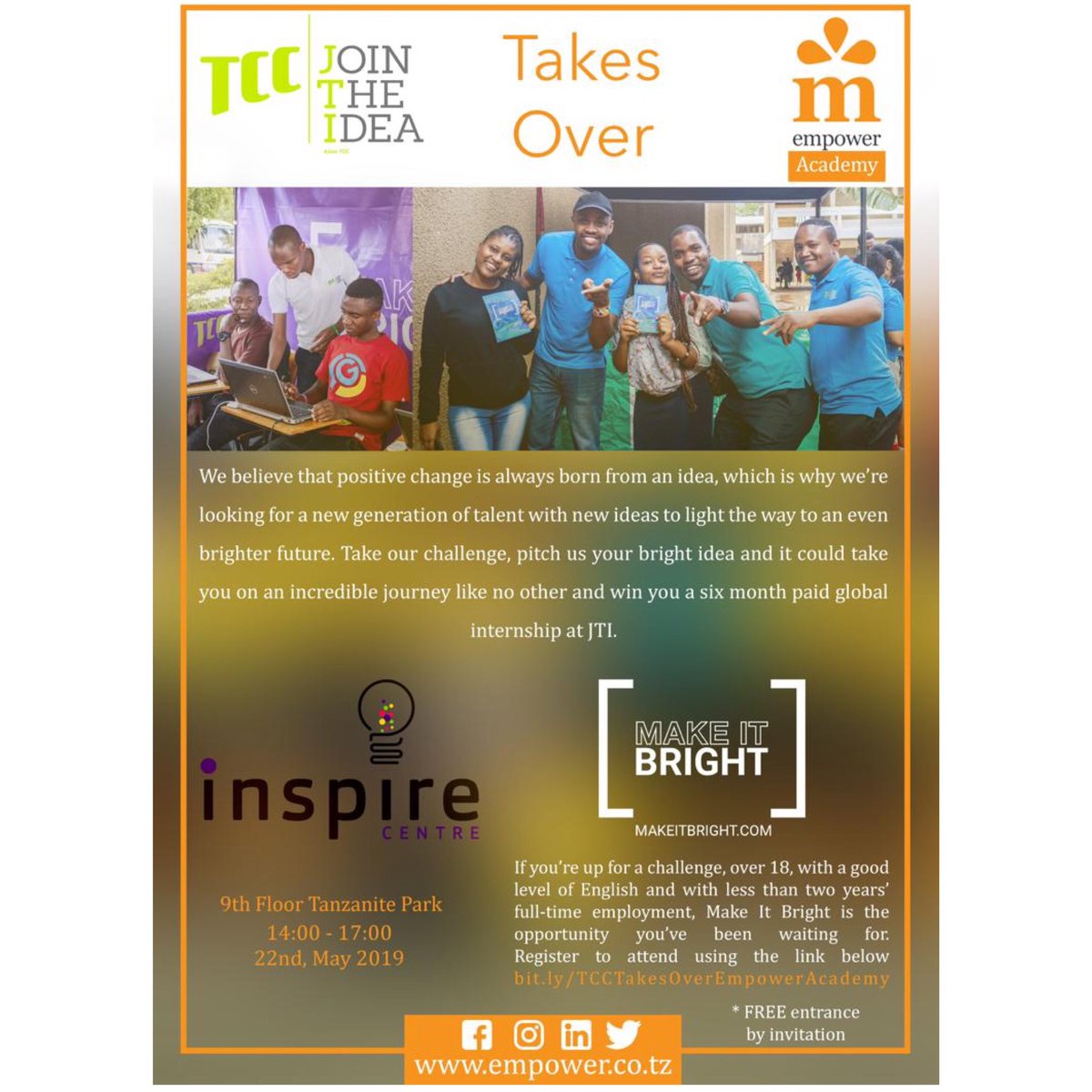 We are extremely excited about our #EmpowerAcademy JTI 'Takeover Edition' 🔥🔥🔥

Attendees will learn about #TCC & compete to win a 6 month Paid Internship in Geneva

Register NOW ➡️ bit.ly/TCCTakesOverEm…

#MakeitBright #JoinTheIdea #JoinTccTz #TeamEmpower #TrainingTheNation🇹🇿