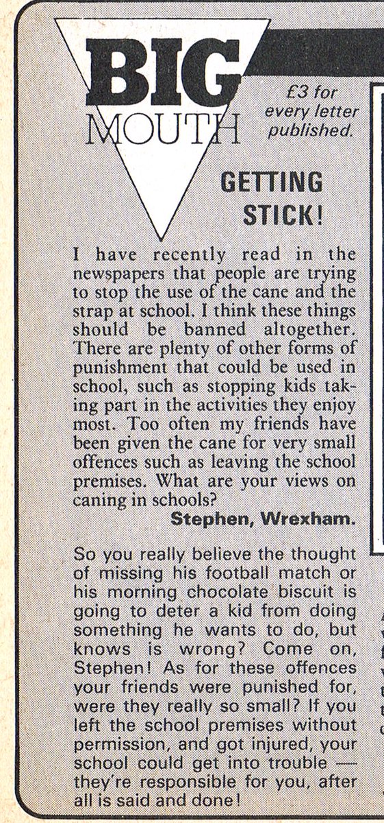 The good old days, where it was fine for an adult to hit someone else's kid repeatedly with a stick. Eagle comic, 29th May 1982.