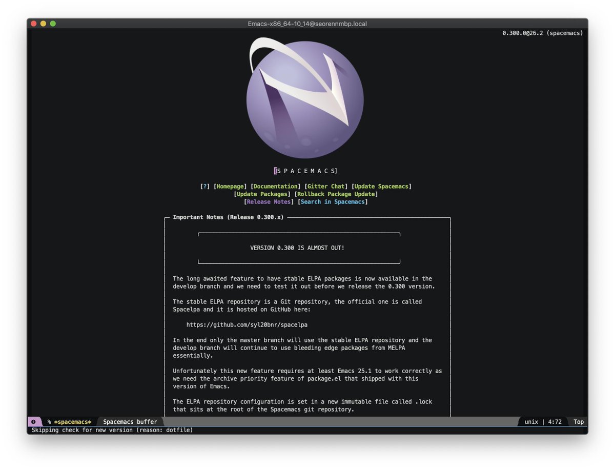 seorenn's tweet image. #spacemacs 의 Powerline 겉모습은 dotspacemacs-themes 에서 설정된 것을 따라가는 듯한 느낌을 받았다. 뭐 거슬리는 건 없어서 그냥 놔두는 중. 스샷은 seti 테마.