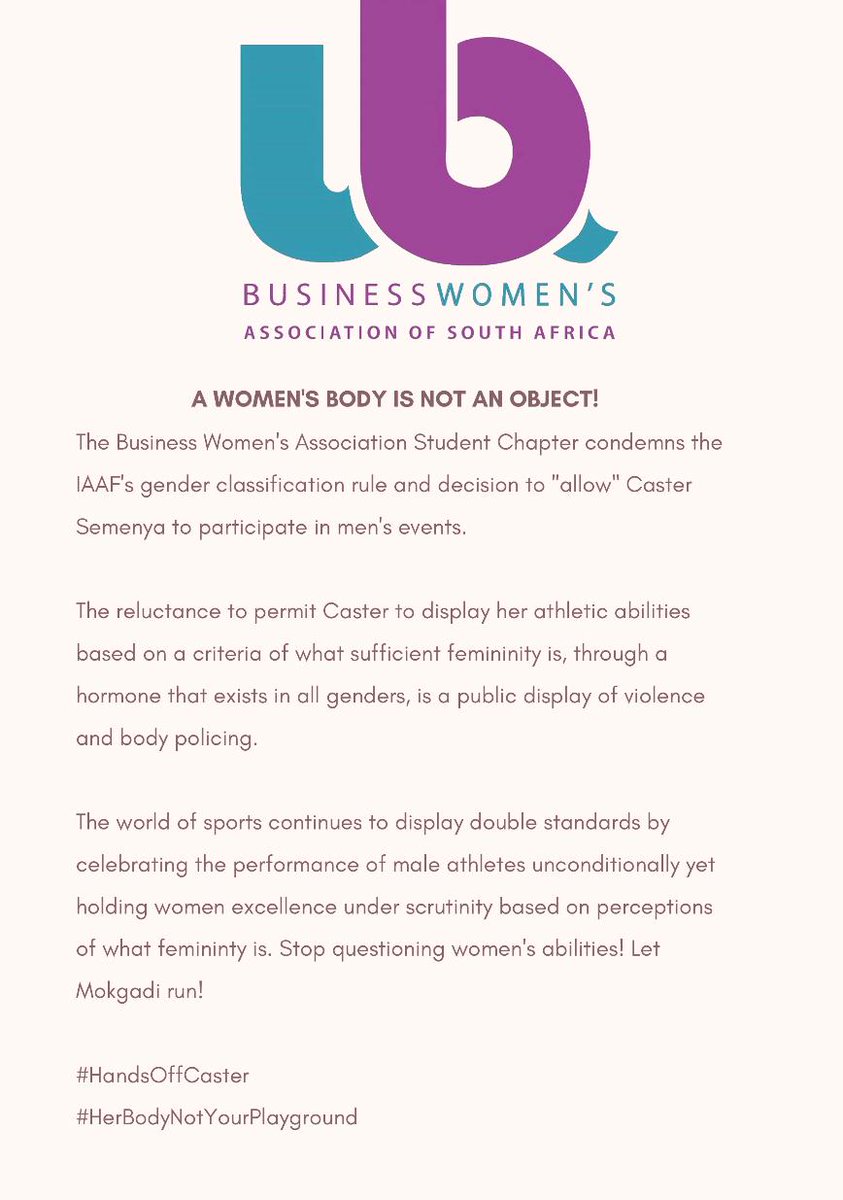 bwasc_uct's tweet photo. Press release statement by BWASC with regards to the IAAF decision on Caster Semenya
#HandsoffCaster #HerBodyNotYourPlayground https://t.co/AYz4jCJmlZ