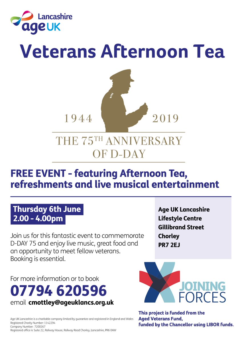 #DDAY75 #Chorley Afternoon Tea 6th June FREE event to catch up with fellow #Veterans join us to commemorate #DDay75 live music from @HattieBeeVint #WW2 #JoiningForces 🍰🎤