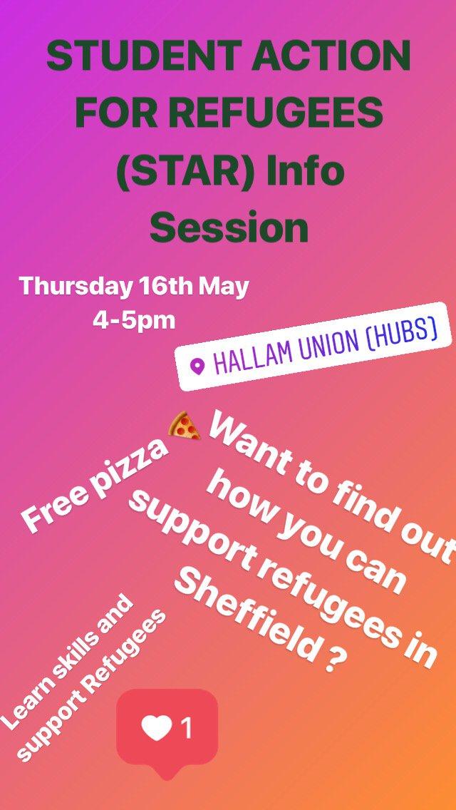 STAR info session today at 4 @hallamunion do something great this summer, pop in to see how you can support refugees in Sheffield. All Hallam students welcome ------ > bit.ly/2JdOU9A