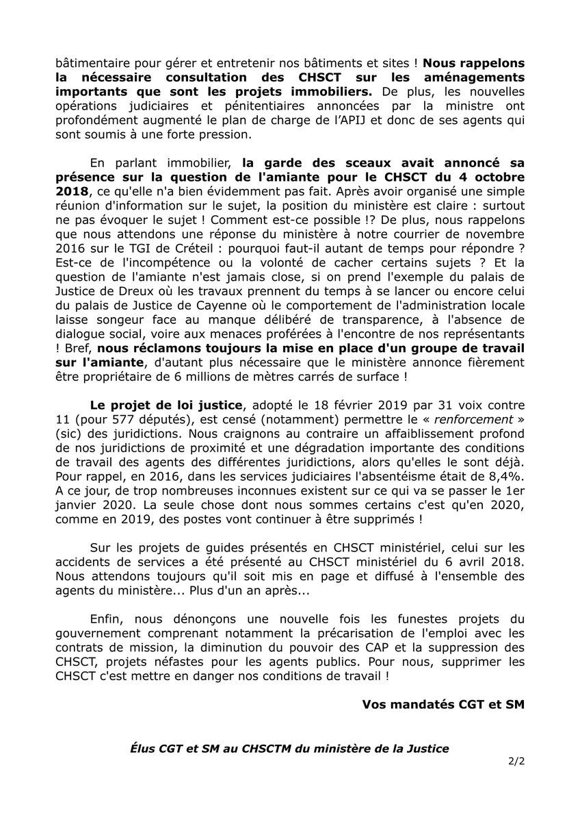 Voici notre déclaration au CHSCTM du ministère de la #Justice ✊⚖ 
#amiante #conditionsdetravail #QVT